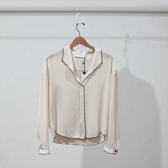 NWT ASTR Contrast Trim Long Sleeve Sheer Blouse Top Ivory Business Casual - Picture 2 of 5